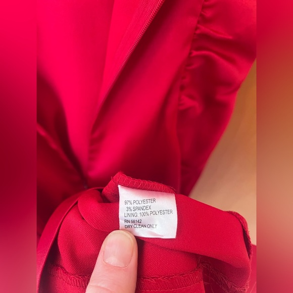 London Times 8 red satin sleeveless sheath midi bodycon dress w/ faux wrap front - Picture 7 of 7